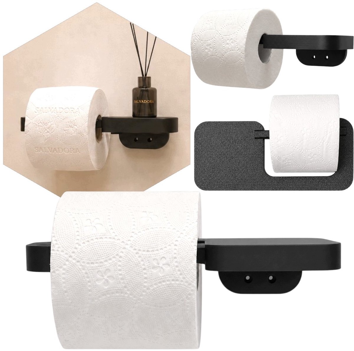 Minimalistische zwarte toiletrolhouder met plank - 3D geprint PLA