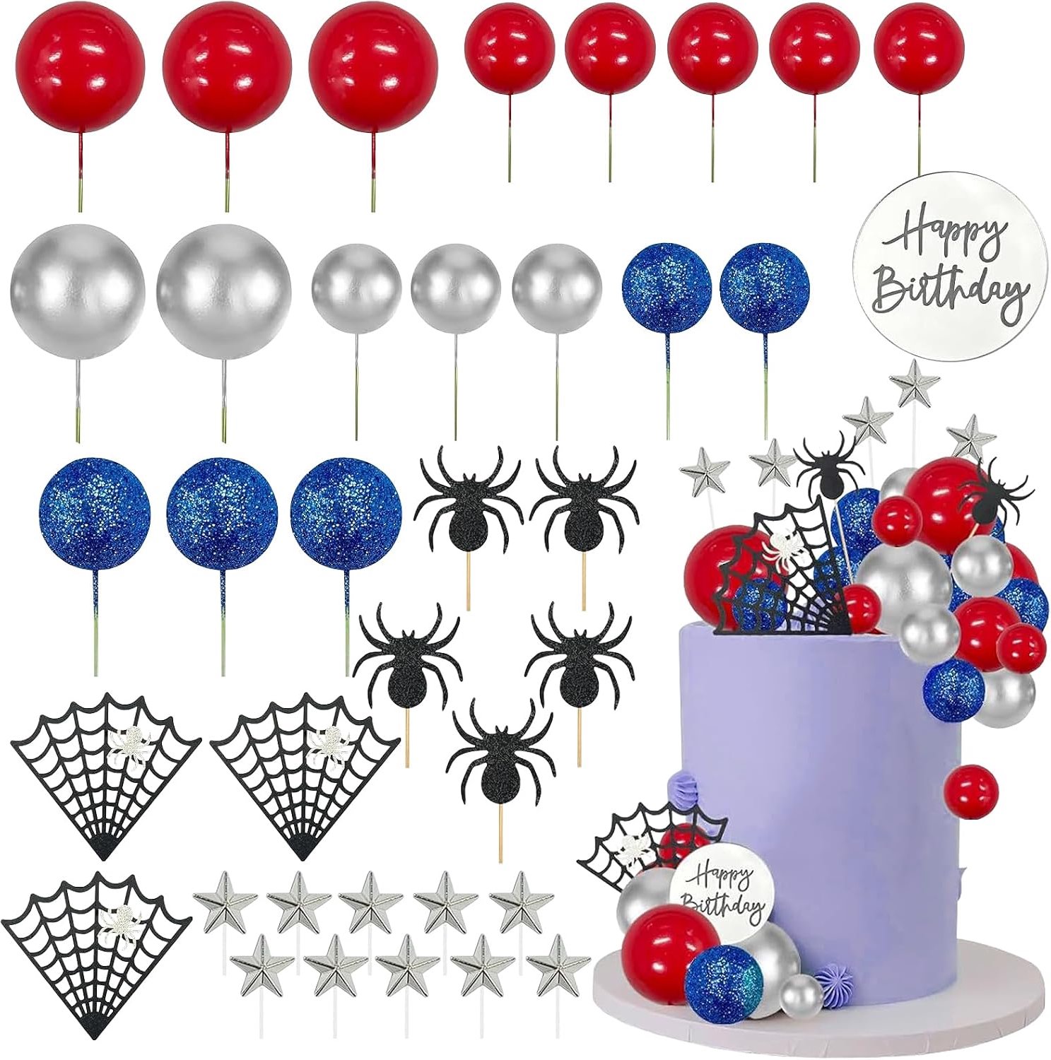 37 Stuks Spinnen Taarttoppers, Spinnenweb Taartdecoratie met Glinster, Spin Thema Taartdecoratie met Verjaardagsspreuk