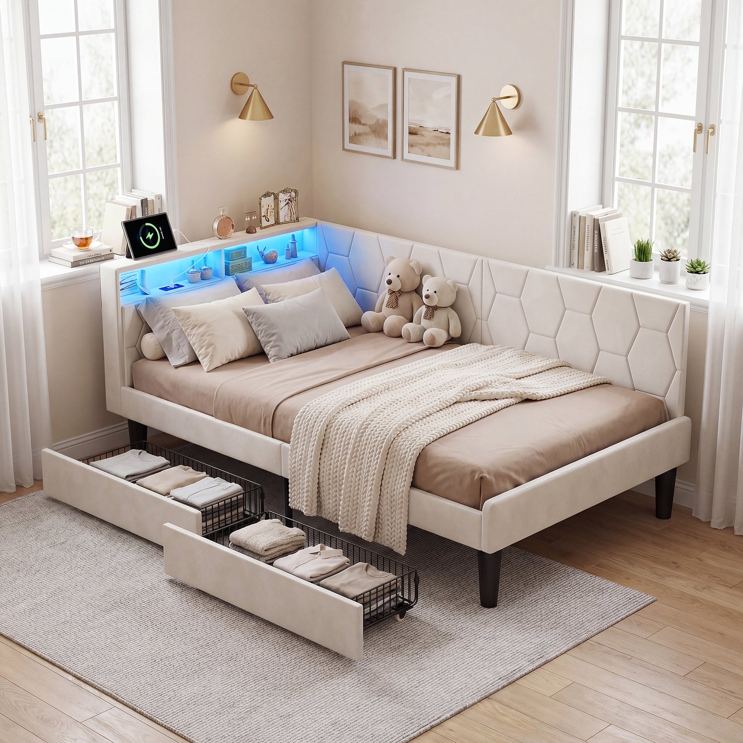 ROSAHQNDA Kinderbed 90x200 cm, gestoffeerd eenpersoonsbed met 2 opberglades, LED-verlichting en opbergvakken in het hoofdbord, fluweel, beige, zonder matras