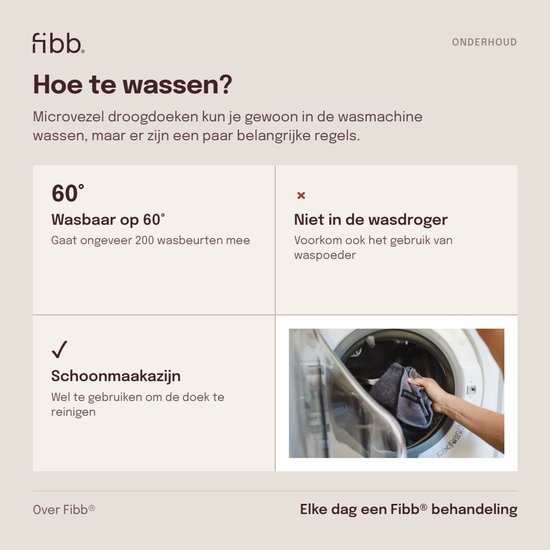 Onderhoudsinstructies voor fibb microvezeldoeken: wasbaar op 60 graden, niet in de droger, gebruik schoonmaakazijn.