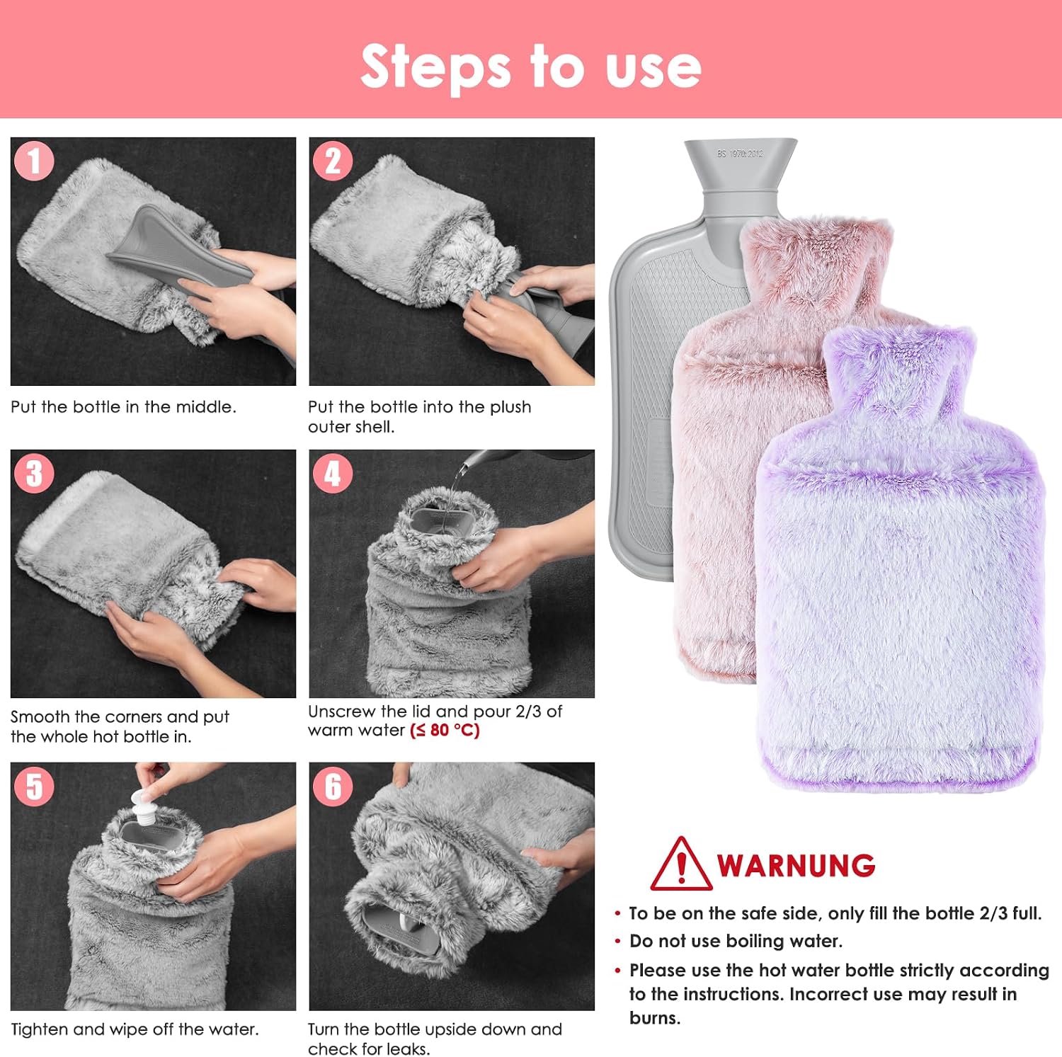 Kruik met Extra Zachte Hoes - Warmwaterkruik Handwarmer - 2L Inhoud - Verwarmende Zachte Warmwaterkruik – Warmtekruik - Cadeau voor haar, vrouw, vriendin - Warmwaterkruik voor Pijnverlichting en Ontspanning - Roze – foto 5