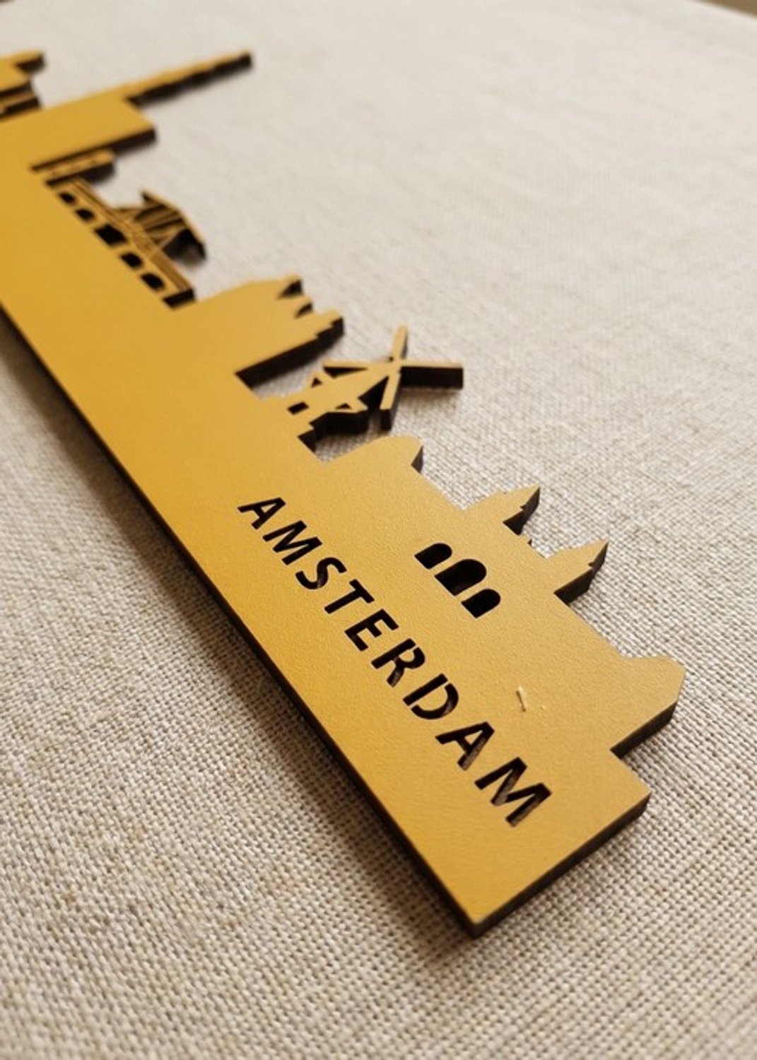 Houten Skyline Amsterdam | Wanddecoratie voor aan de muur | Geel MDF | 100 cm breed