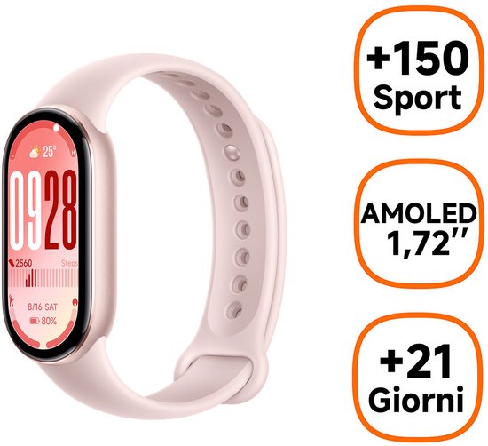 Roze Xiaomi activity tracker met 1,72 inch AMOLED-scherm, 150 sportmodi en 21 dagen batterijduur.