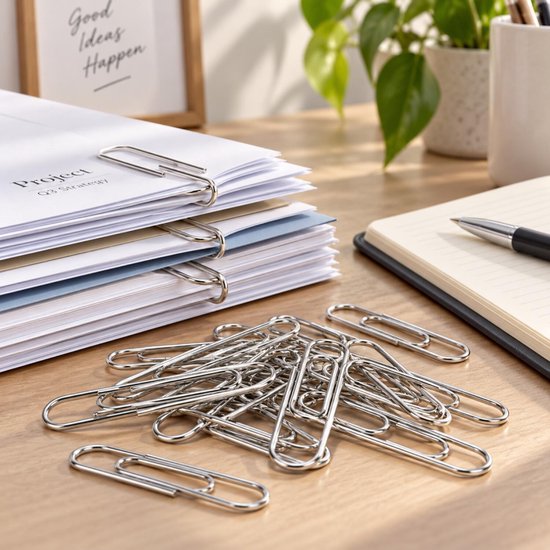 Grote zilveren paperclips verspreid over een bureau bij stapels documenten met het opschrift Project Q3 Strategy.