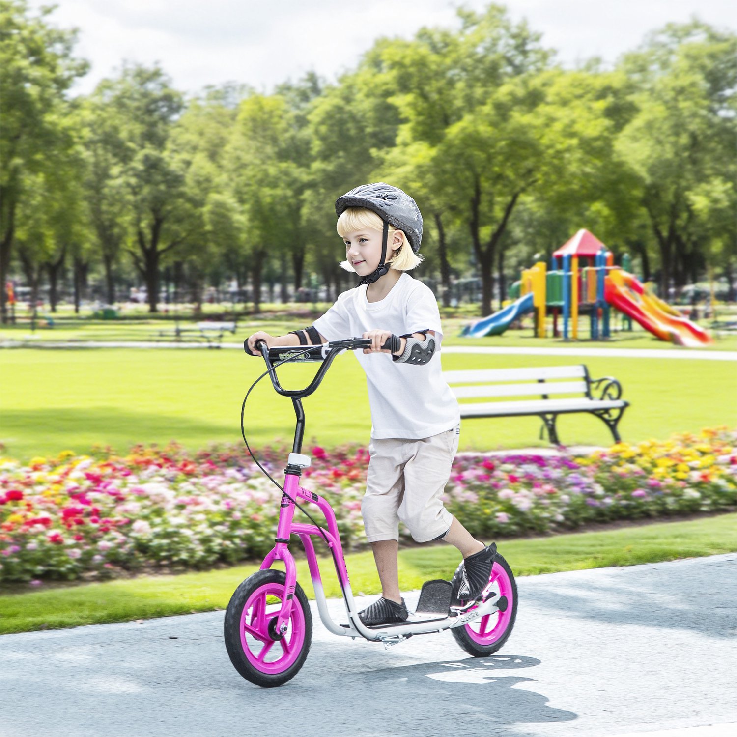 Playon Kinderstep - Met handrem en standaard - Met in hoogte verstelbaar stuur - 115 x 50 x 80-88 cm - Roze/Zwart