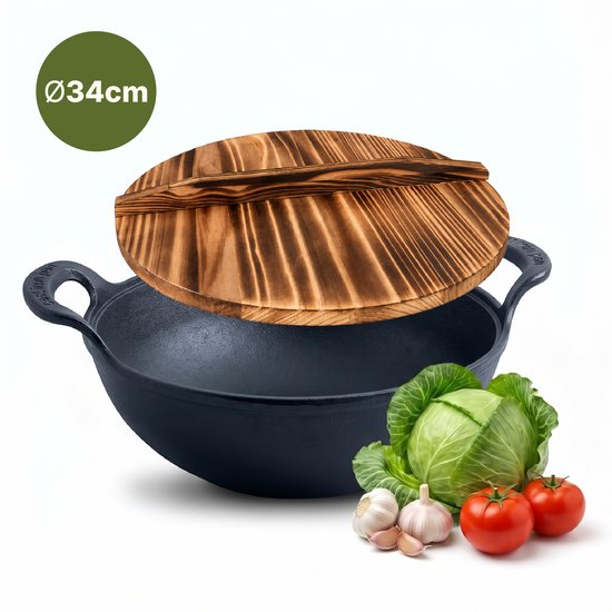 SEPH® Gietijzeren Wokpan 34 CM met Houten Deksel - Grote Wadjan Wok - Ook als Braadpan, Stoofpan of Skillet - Cast Iron Pan voor Inductie, Gas, Elektrisch en BBQ - PFAS Vrij - Zware Bodem