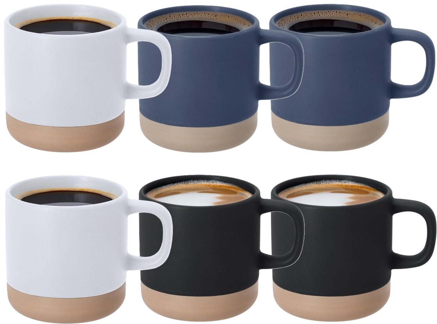 Bellatio Design Koffiekopjes Eliza - 6x stuks - mix kleuren - 350 ml - mokken - keramiek - bekers - zwart - blauw - wit