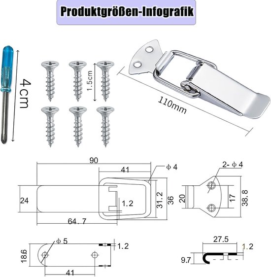 4-delige set spanvergrendelingen met schroeven, schroevendraaier, 110 mm — afbeelding 2