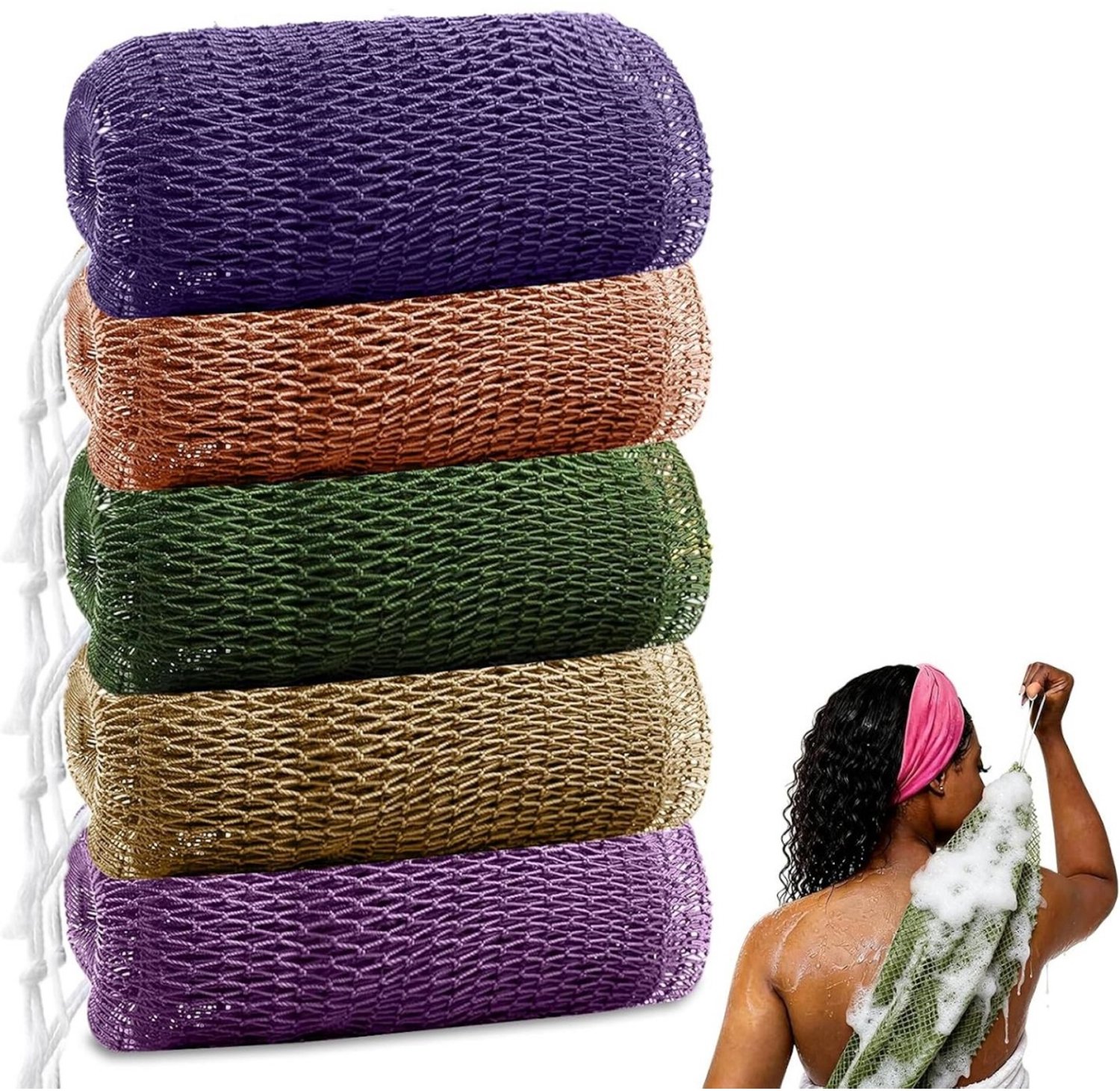 SSTRWGOOD Afrikaanse badspons van gaas met knopen – 5-delige set – 105 cm – Exfoliërende badspons – Geschikt voor alle huidtypes – Geschikt voor gebruik onder de douche en in de spa – 5 kleuren