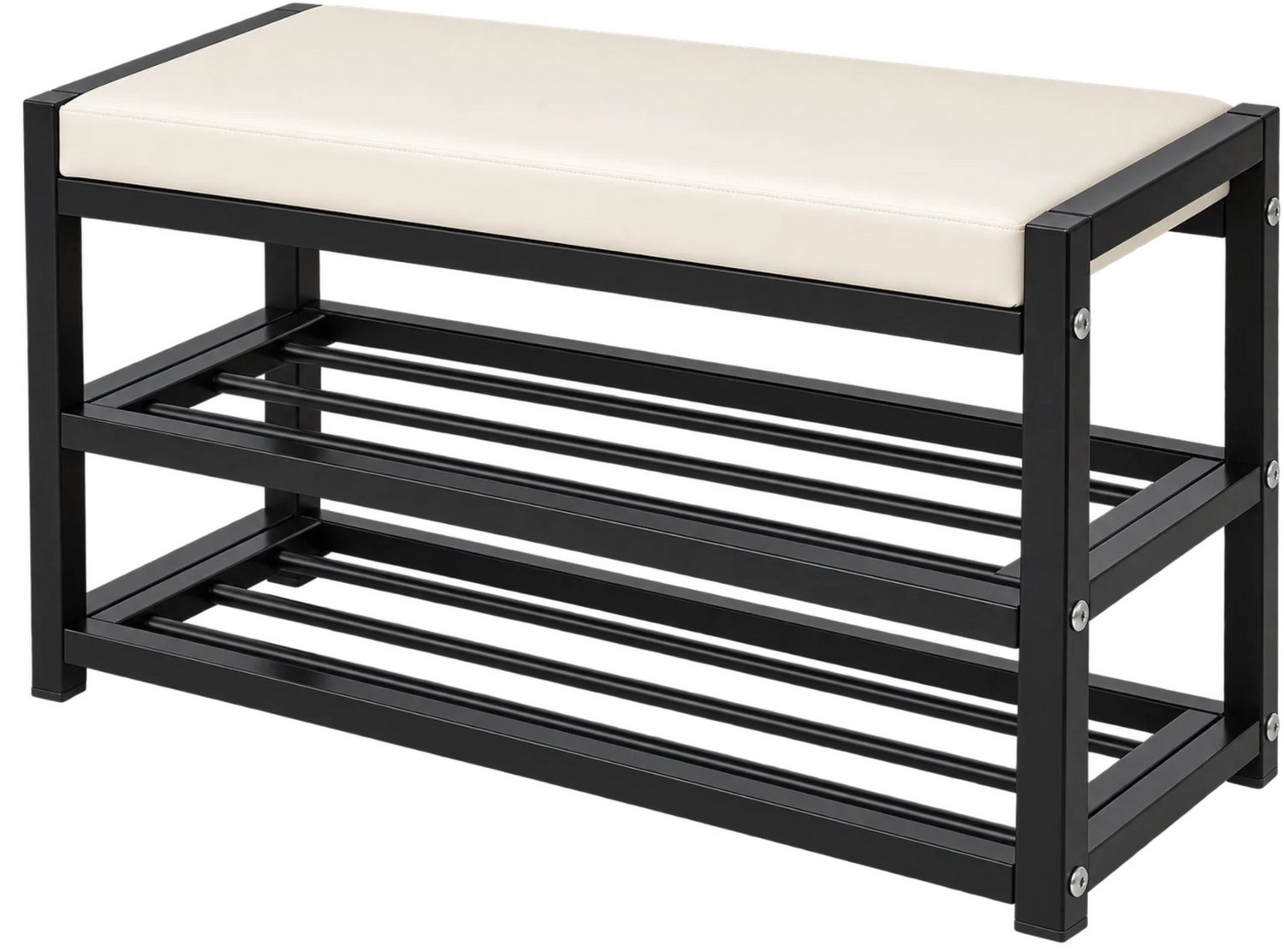 Noventra Schoenenbank met Zitkussen – Schoenenrek met 2 Opberglagen – Schoenenkast met Zitting van PU-Leer – Metalen Schoenen Organizer voor Hal, Gang en Entree – Zwart met Beige