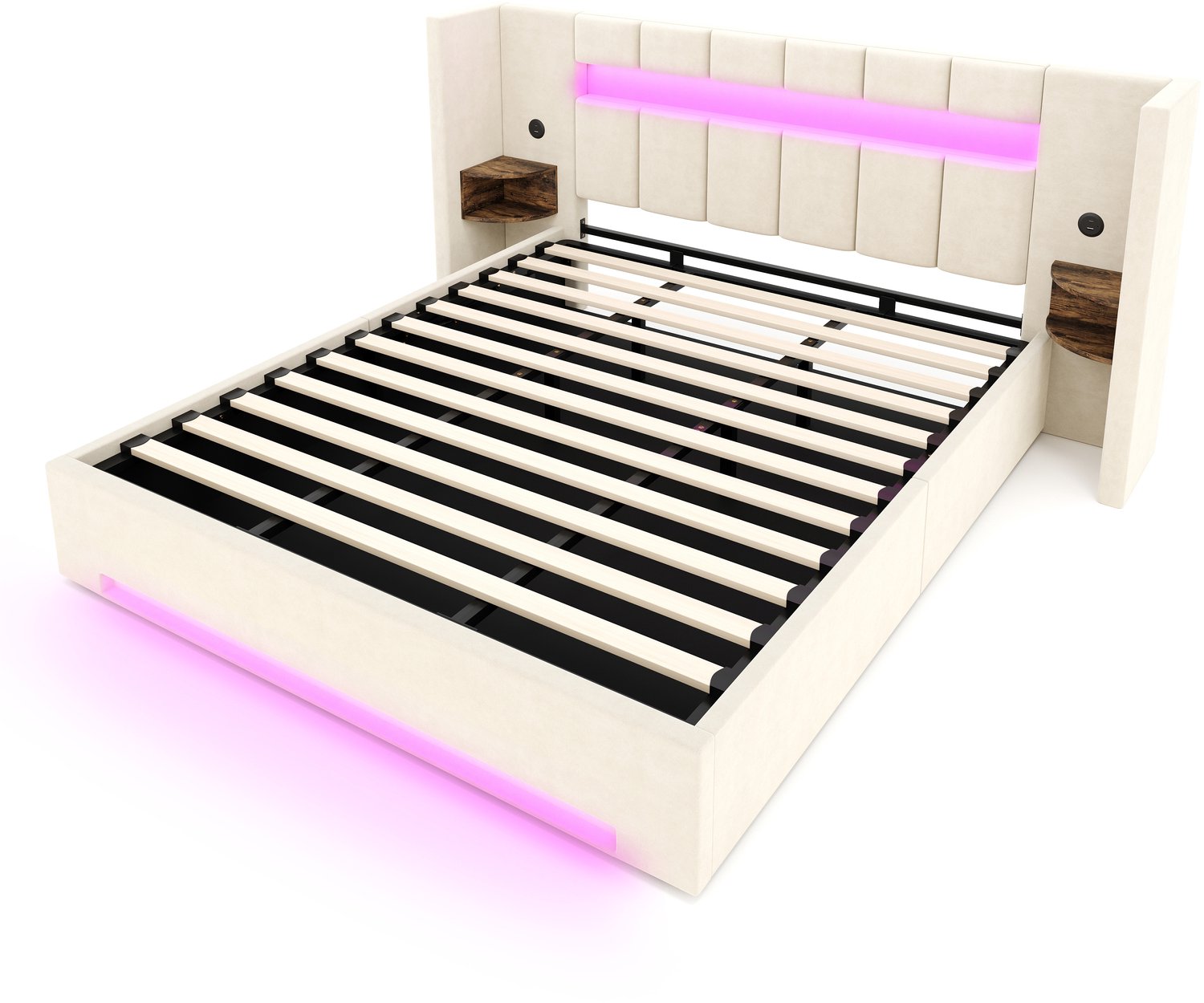 MUVANO Fluwelen bedframe 180x200 cm - bed met extra breed hoofdbord - USB-aansluitingen en LED-verlichting - hydraulische opbergruimte - beige slaapkamer
