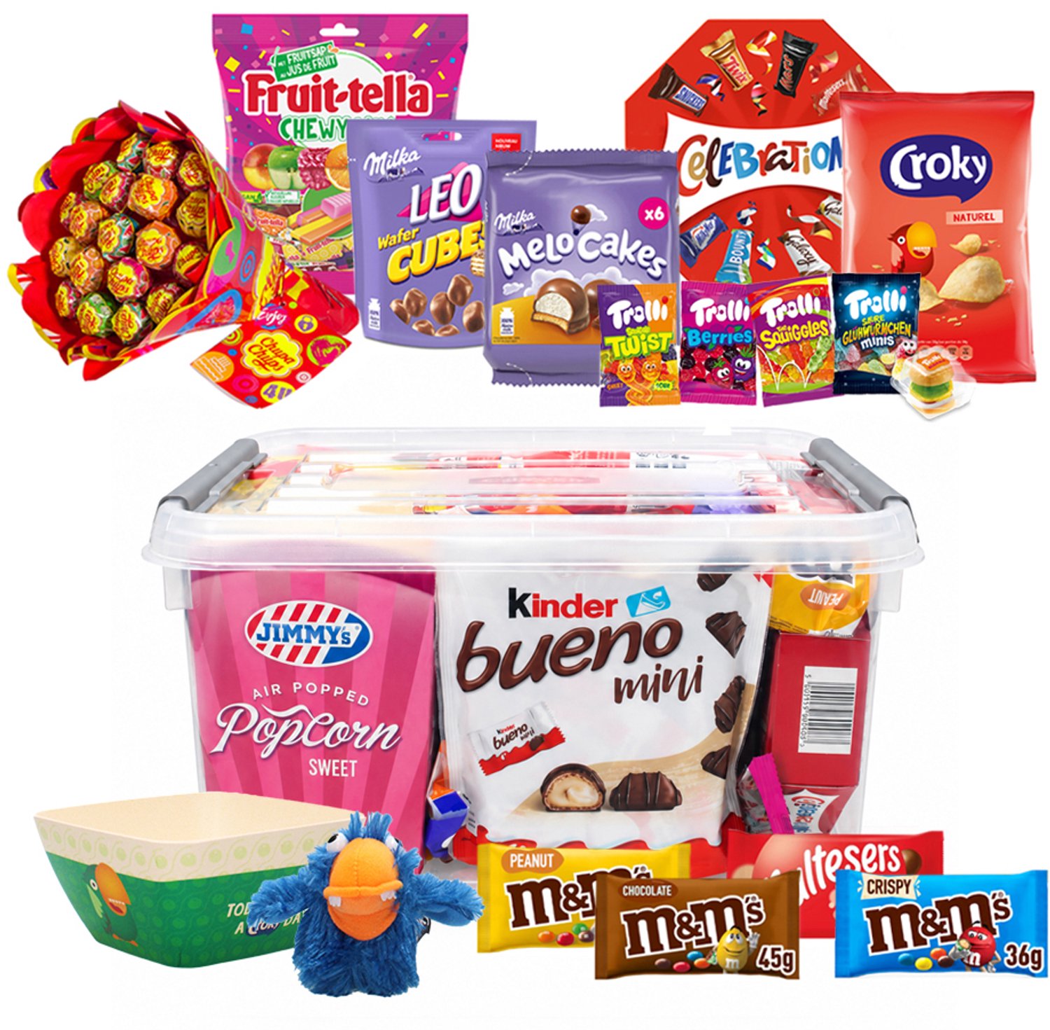 All-in-One Snackbox 2792g - XL mix van chocolade, snoep, chips & popcorn - Kinder, Milka, M&M's, Chupa Chups, Trolli & meer - snackpakket
