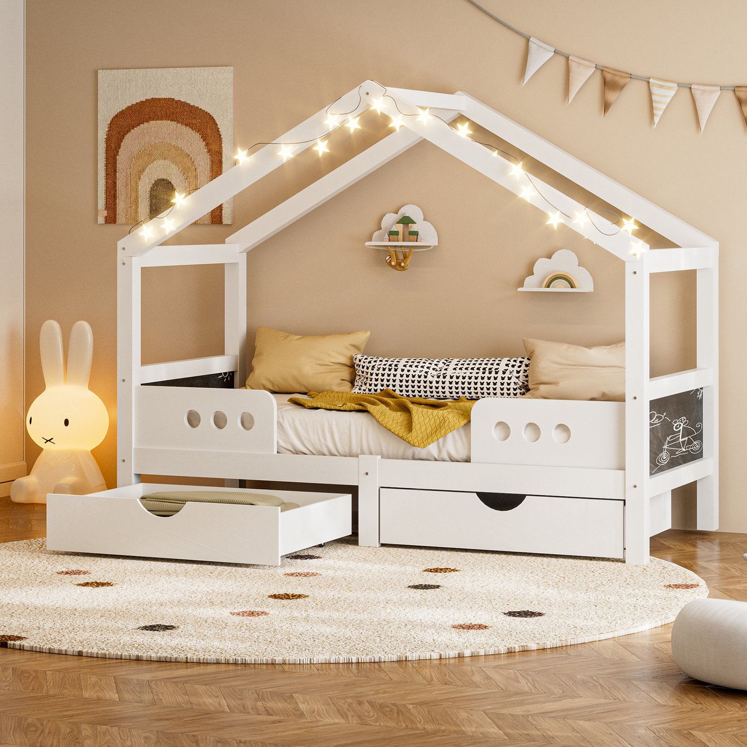 MUVANO Kinderbed met dakdesign - Twee opberglades - Geïntegreerd krijtbord - Hout en MDF - Voor matras 90x200 cm - Slapen en lezen - Opbergen in de kinderkamer wit