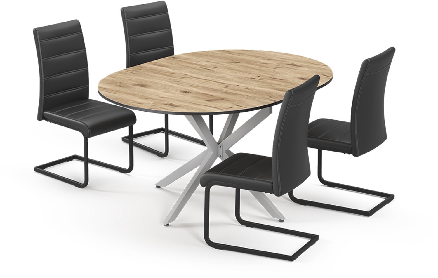 Vicco Eettafel set Loyd, Eiken rustiek/Grijs, 120 x 120 cm met 4 eetkamerstoelen, zwart