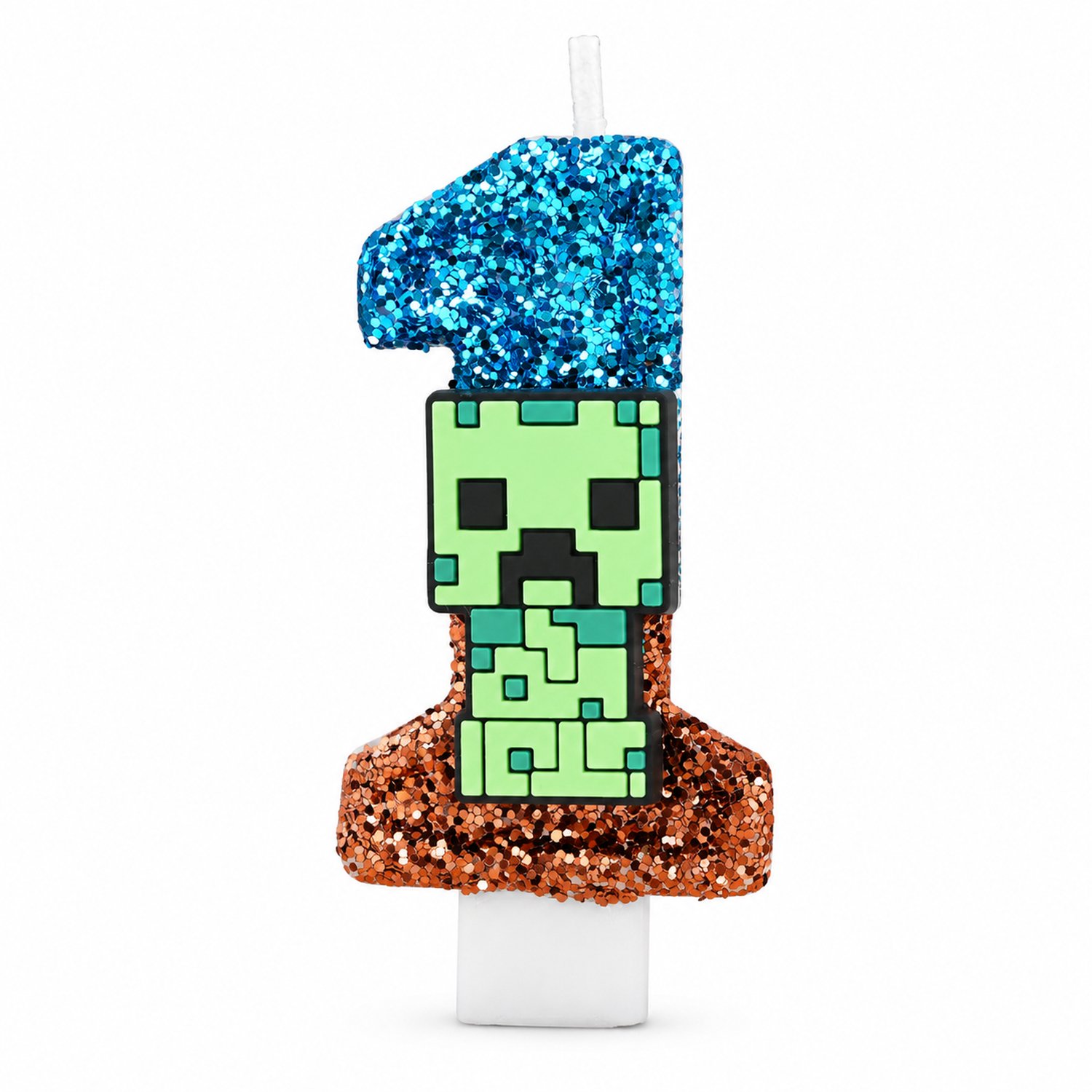 Verjaardagskaars cijfer 1 van paraffine, blauwbruine glitterafwerking met groen blokfiguur, voor taartdecoratie