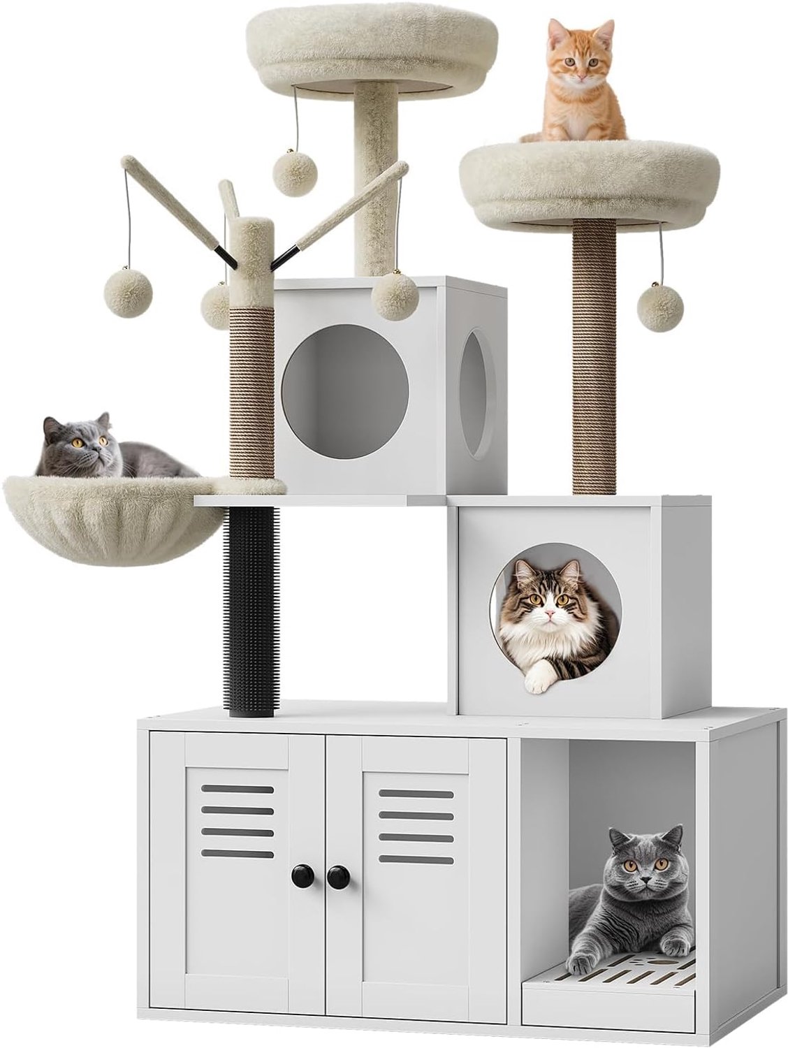 Verborgen kattenbak ombouw 2-in-1, kattenhuis met sisal krabpaal, wit, 78×48×129 cm