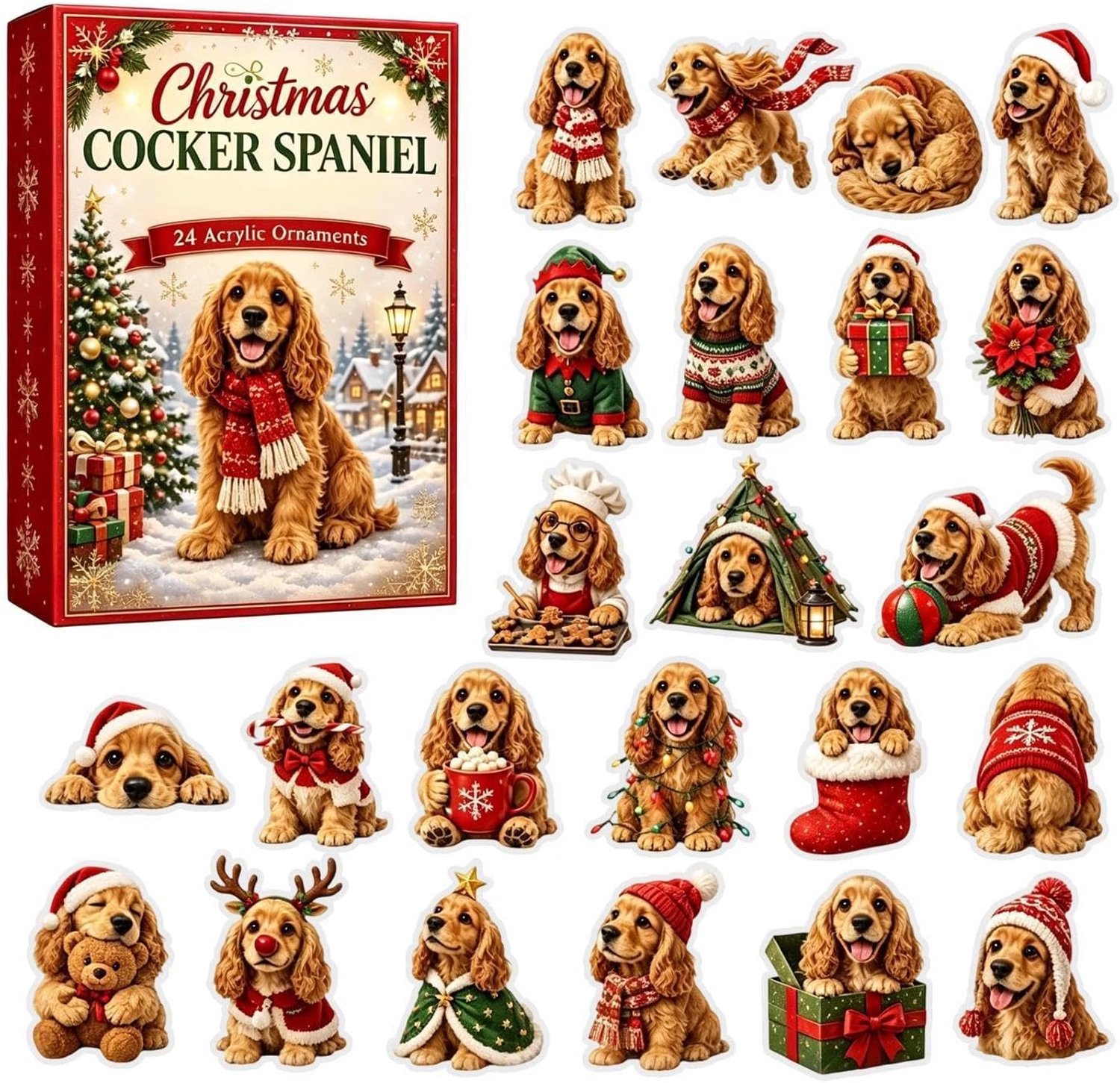 ZVD Adventskalenders - Kerstaftelkalender –24 tweedimensionale acrylhangers in de vorm van een cocker-spaniël – Kerstdecoratie om af te tellen –Geschikt voor feestjes, thuis, op kantoor, in de klas, de slaapkamer, de woonkamer en als kerstboomversiering