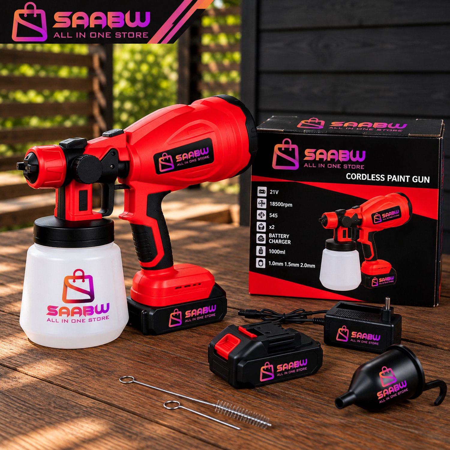 TOOLS Accu Verfspuit 21V 800W met 2 Accu’s 1,5Ah en Oplader – Draadloos Verfspuitpistool met 1L Tank, HVLP Technologie, Verfdebiet- en Spuitbreedteverstelling, 3 Sproeikoppen voor Muren, Meubels en Hekken – 91327