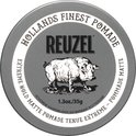 Rond Reuzel blikje met grijze deksel, varkenslogo en tekst Hollands Finest Pomade.