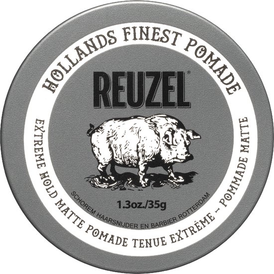 Rond Reuzel blikje met grijze deksel, varkenslogo en tekst Hollands Finest Pomade.