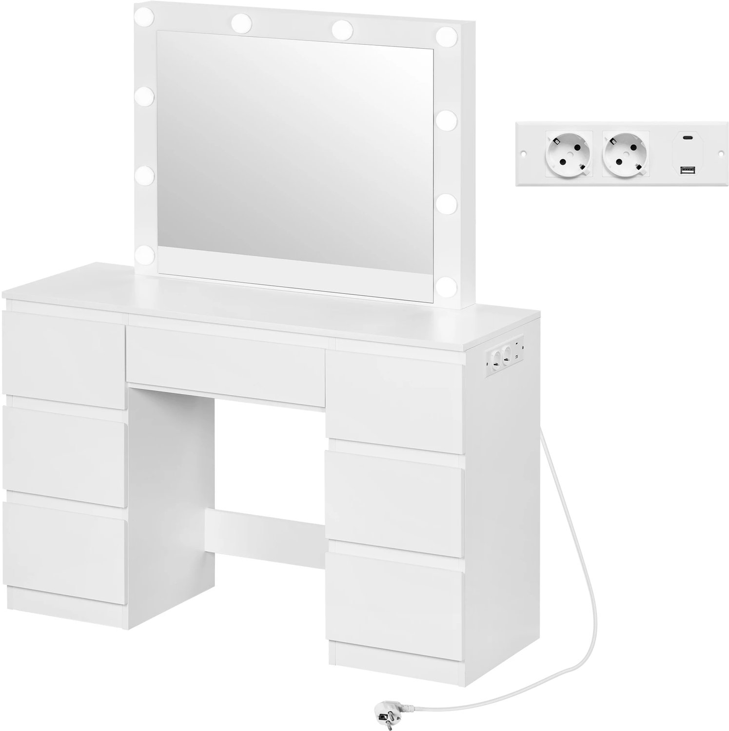 Kaptafel Met Dimbare Ledspiegel - Geïntegreerde Stopcontacten En USB - Zeven Ruime Laden - Voor Slaapkamer En Dressing - Wit Bewerkt Hout