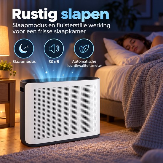 Stille witte luchtreiniger in een slaapkamer met persoon die slaapt; toont slaapmodus en 30 dB geluid.
