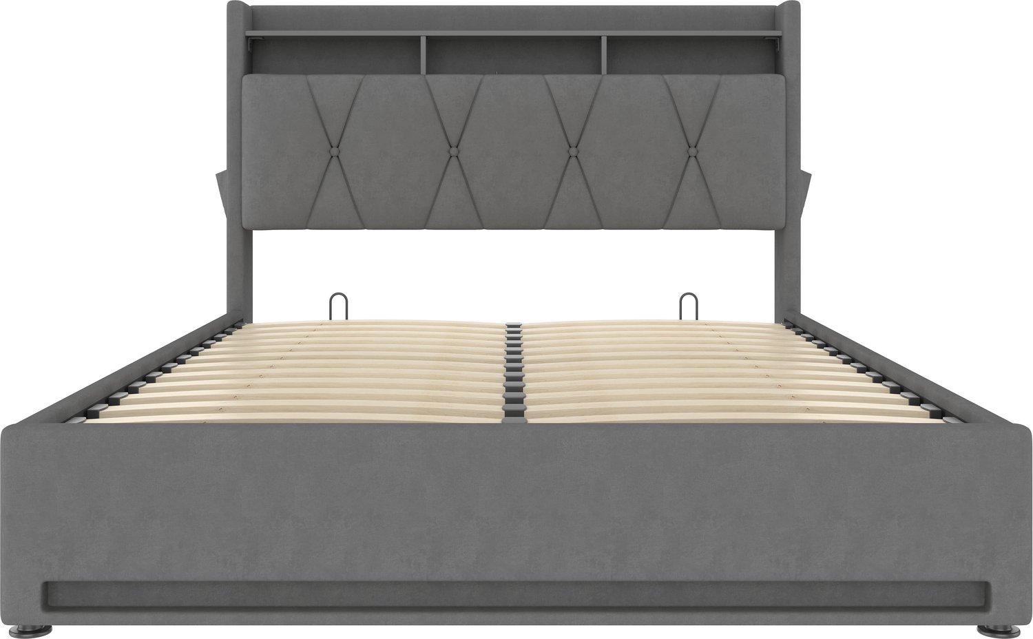 MUVANO Bedframe 160 x 200 cm met opbergruimte - Fluwelen bekleding - Ledverlichting - USB- en USB-C-laadpoorten - Opklapbare bodem - Slaapkamer donkergrijs