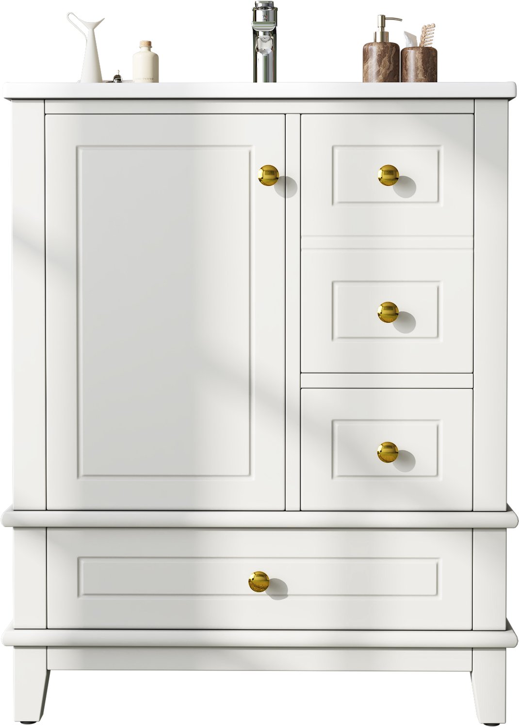Wastafelkast 61 cm Breed - Met Keramische Wastafel, 3 Laden En Deurvakken - Vrijstaand Badkamermeubel Met Softclose Deur, Wit MDF