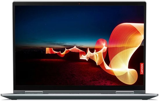 Lenovo laptop met 14-inch scherm, slanke randen en verlicht Lenovo-logo op een donkere achtergrond.