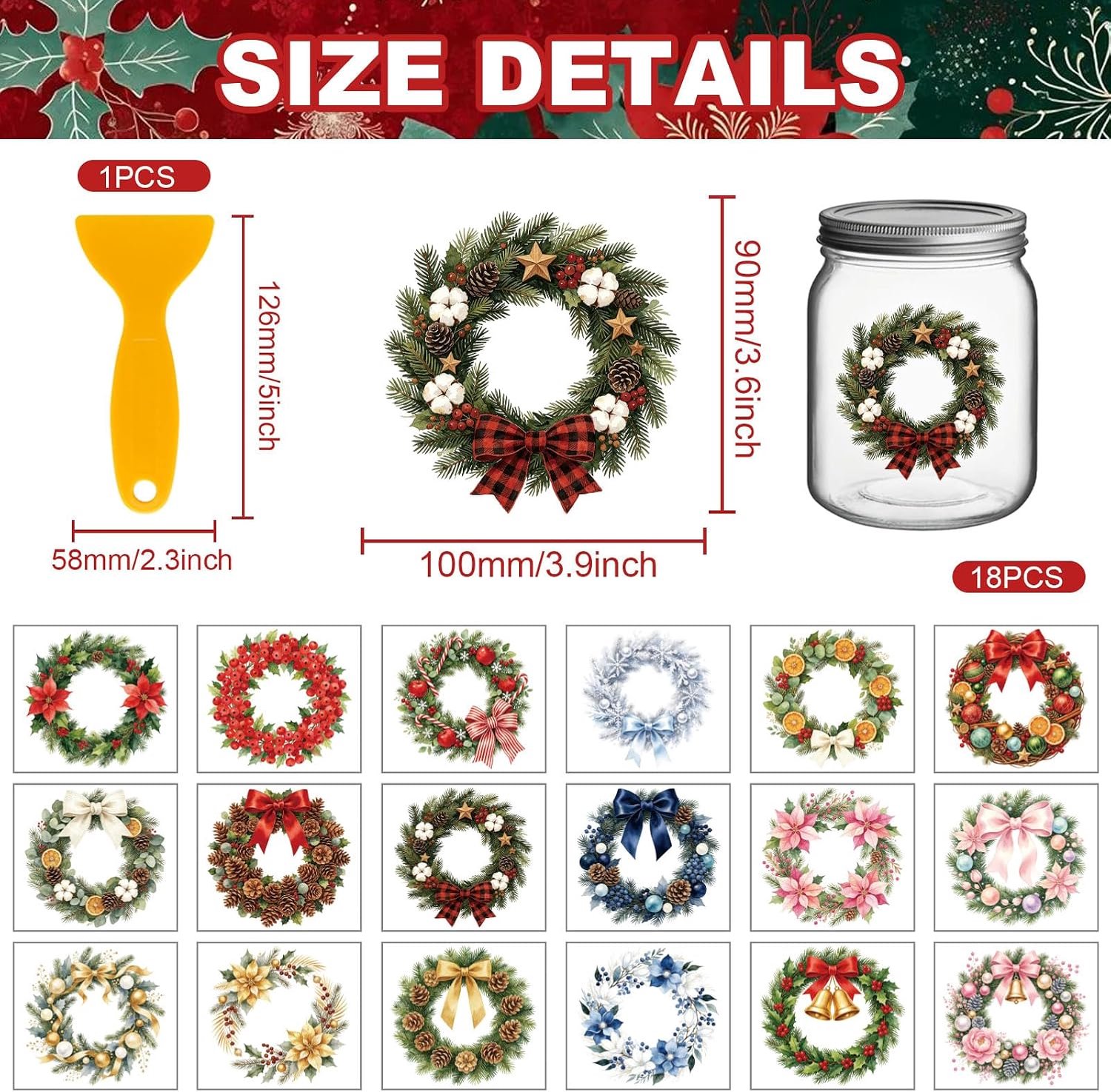 Kerstkrans stickers 9,9 x 9,4 cm - rood satijnen strik - 18 vellen wrijftransfers - decor voor fles en vaas - m-winkel – foto 6