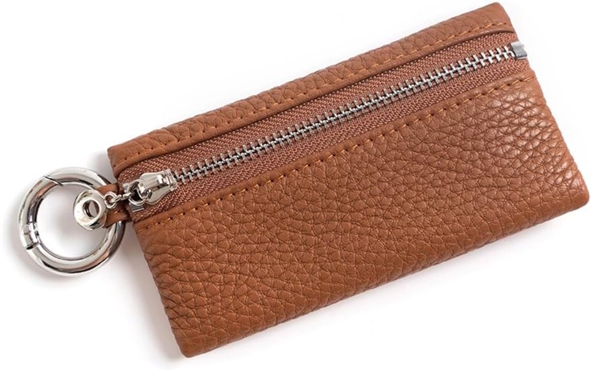 Sleuteltasche Ritssluiting Sleuteletui Echt-Leder Mini Muntzak met Sleutelhanger en Karabijnhaak Muntvak, Dames en Heren, voor alle Sleutels, Munt, karamel