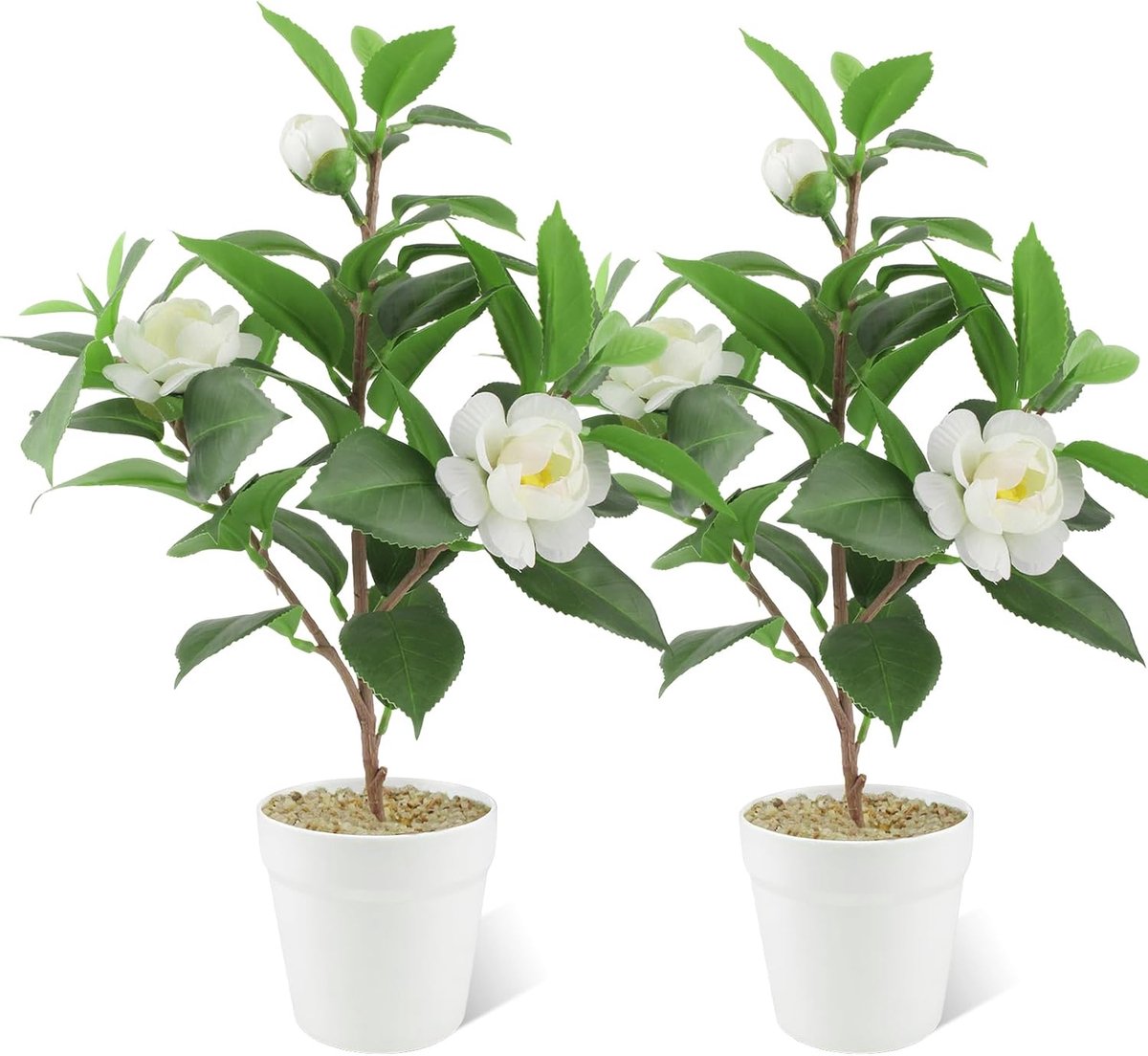 Set van 2 kunstplanten, witte camelia, 33 cm, kunstplanten, ziet eruit als echt