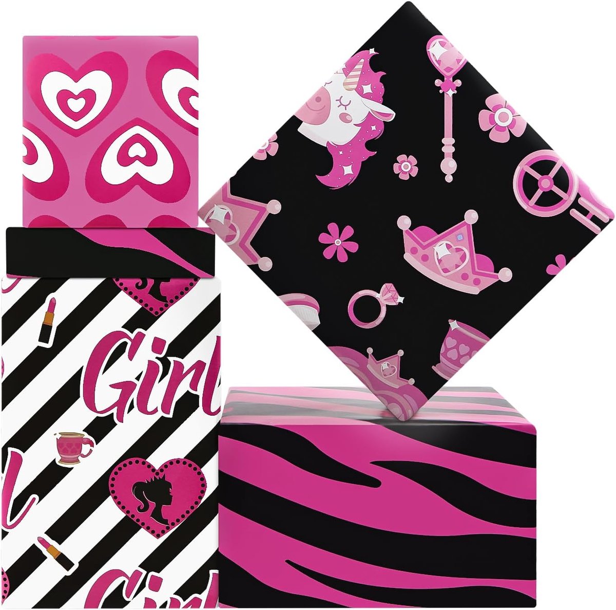 prinses warm roze zwart wit inpakpapier, gevouwen plat 4 vellen 50 x 70 cm per vel, harten luipaard koets eenhoorn kroon patronen cadeau papier voor moeder vriendin vrouwen verjaardag bruiloft