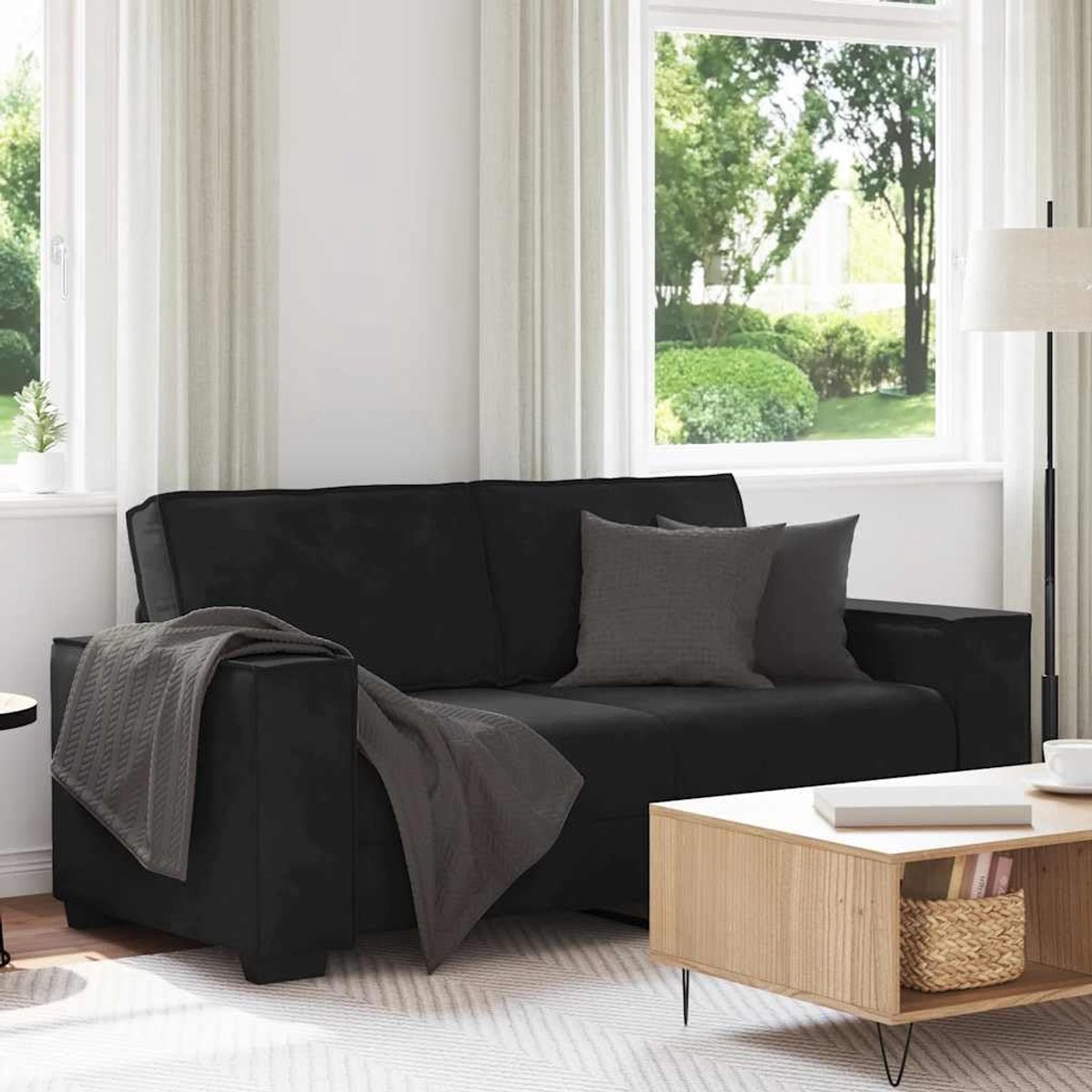 2-zitsbank, 140 cm, fluweel, zwart, met houten metalen frame, brede armleuningen en bekleding voor woonkamer en kantoor, comfortabele velours stof, bank met stabiele constructie