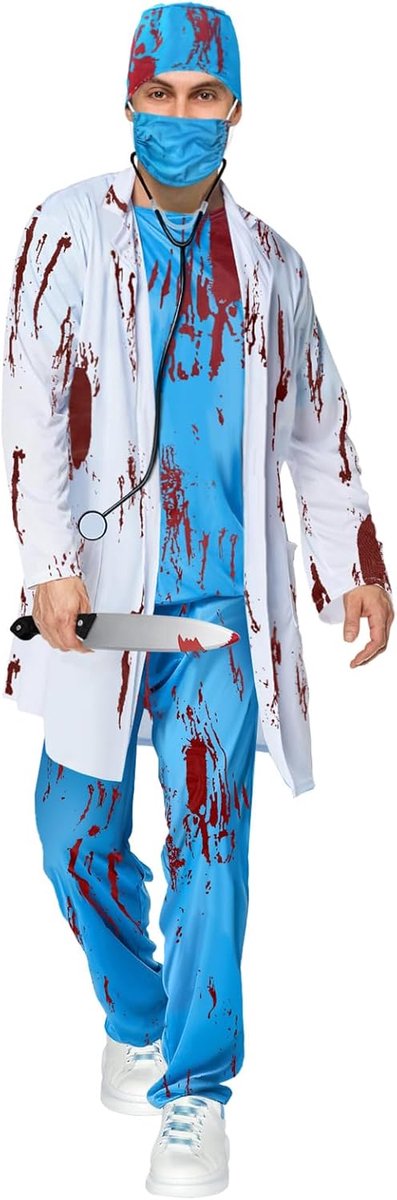 Zombiedokterskostuum voor heren: dokterskostuum, horror, carnaval, chirurg, set voor volwassenen, set met doktersjas, doktershoed, doktersmasker, bovendeel, broek en stethoscoop