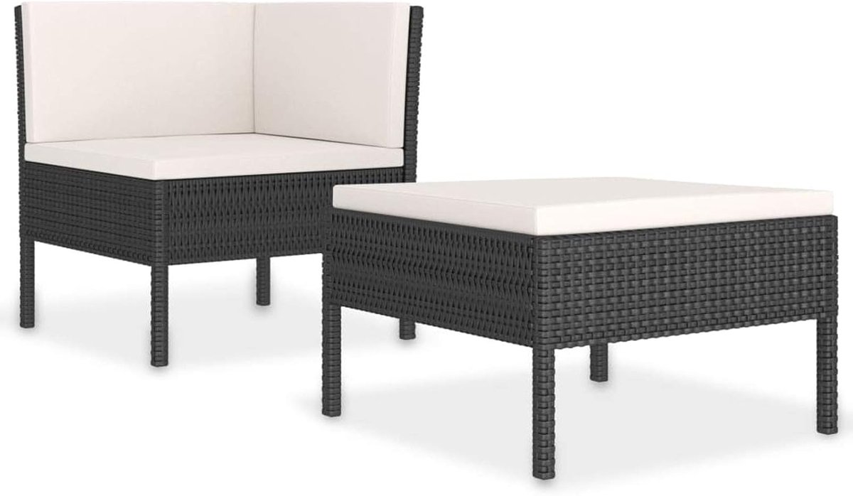 Tuinmeubelset 2-delig met kussen tuinbank outdoor rotan PE zwart en wit crème
