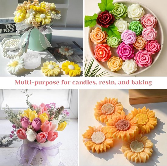 Mallen bloemen – 3D gietvormen voor rozen, zonnebloemen, anjers & tulpen, flexibele siliconen kaarsvormen voor DIY kaarsen, zeep, chocolade en hars — afbeelding 3