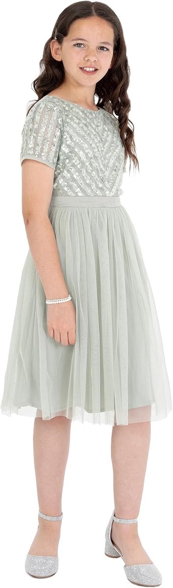 Deluxe Meisjesmidi-jurk voor bruiloft met pailletten versiering korte mouw prom verjaardagsfeestje bruidsmeisje, Groene Lelie, 7-8 jaar