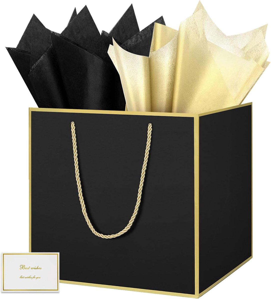 Geschenktasje, 30 x 30 x 30 cm, zwart, vierkant, groot, met papieren handdoeken en kaarten, 30 x 30 x 30 cm, cadeauzakjes met glimlach voor verjaardag, feest, 1 stuk F