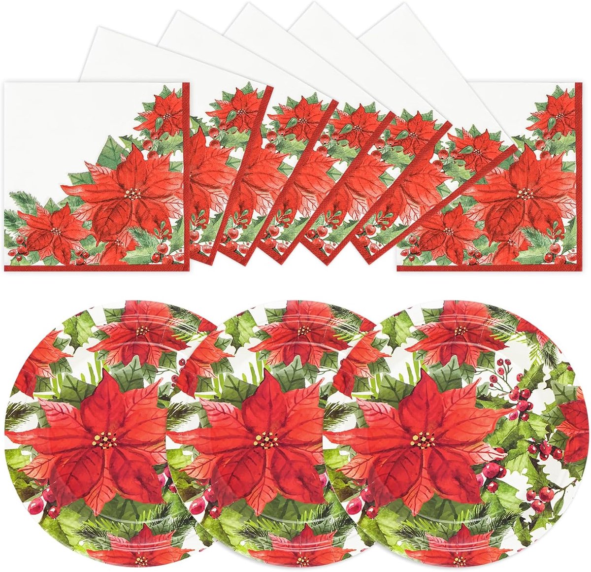 40 stuks papieren kerstborden en servetten, rode bloemen, kerstborden, wegwerpfeestserviesset, motief voor decoratie van je kerstfeest