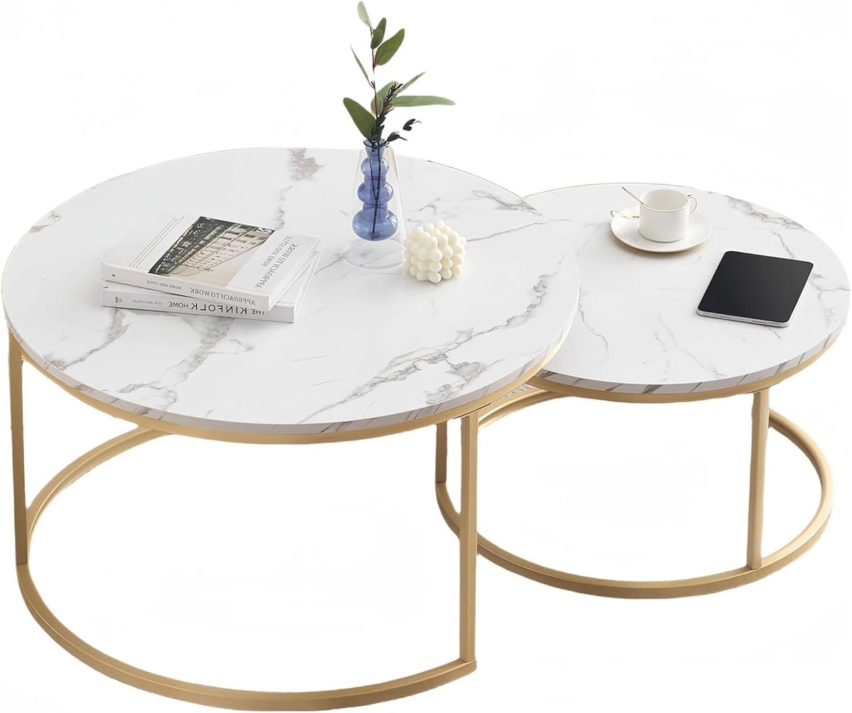 Salontafel in marmerlook, rond, gouden frame - set van 2 nesttafels, moderne woonkamertafel en bijzettafel voor woonkamer, Ø 80 x 45H cm & Ø 60 x 35H cm (wit en goud)