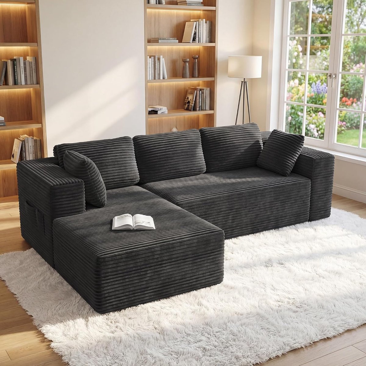 Hoekbank L-vormig Moduleerbaar, Omvormbare 3-Zitsbank, Corduroy Vloerbank, Slaapbank met Kussen, Luie Compressiebank voor Woonkamer, Slaapkamer, Logeerkamer,250 x 88 x 61 cm,Donkergrijs