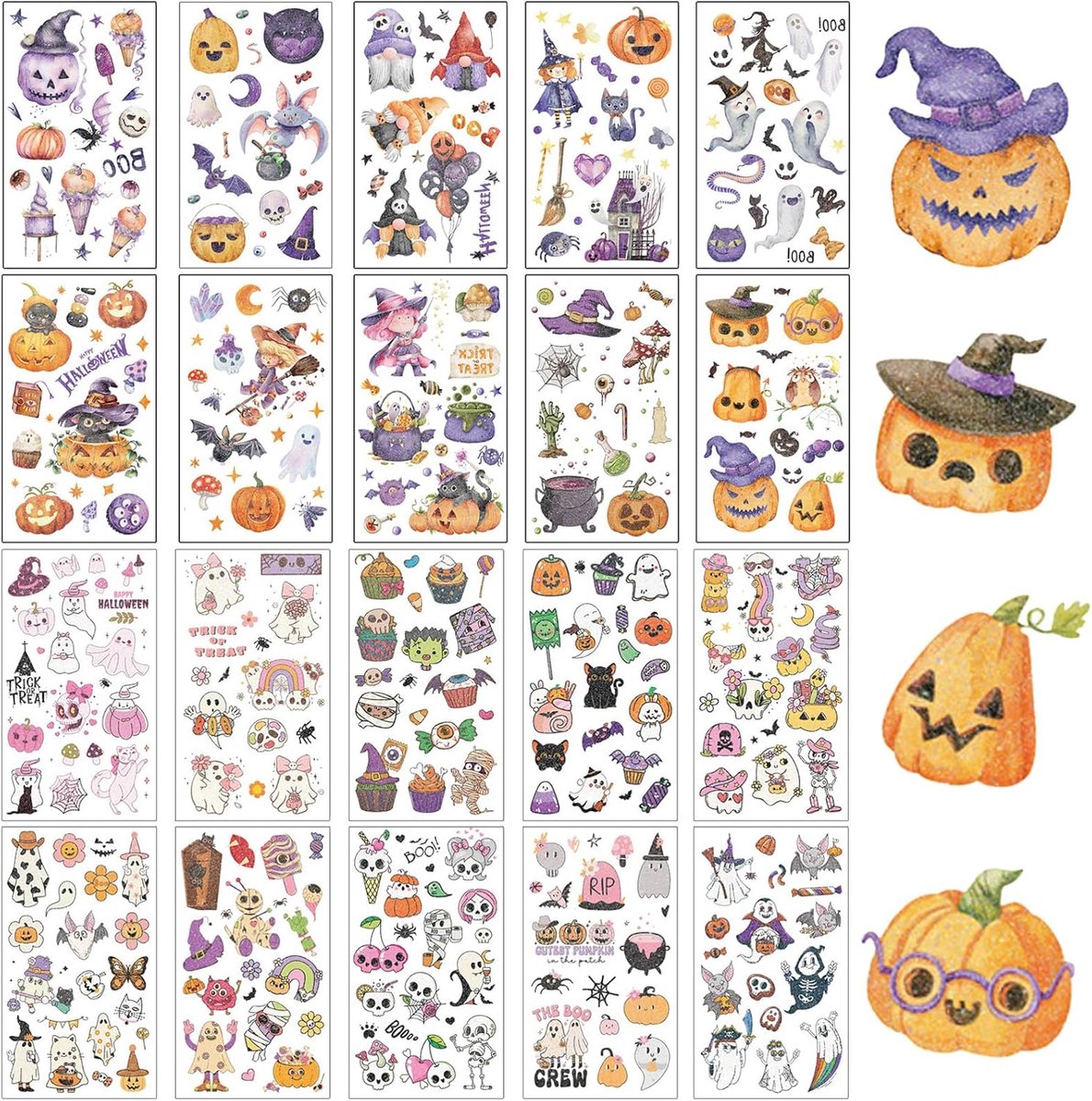 20 vellen Halloween-tatoeages, schattige griezelige tijdelijke tatoeages, skelet, heks, pompoen, vleermuis, glitter tatoeage, neptatoeage voor volwassenen, jongens, meisjes, Halloween, cosplay