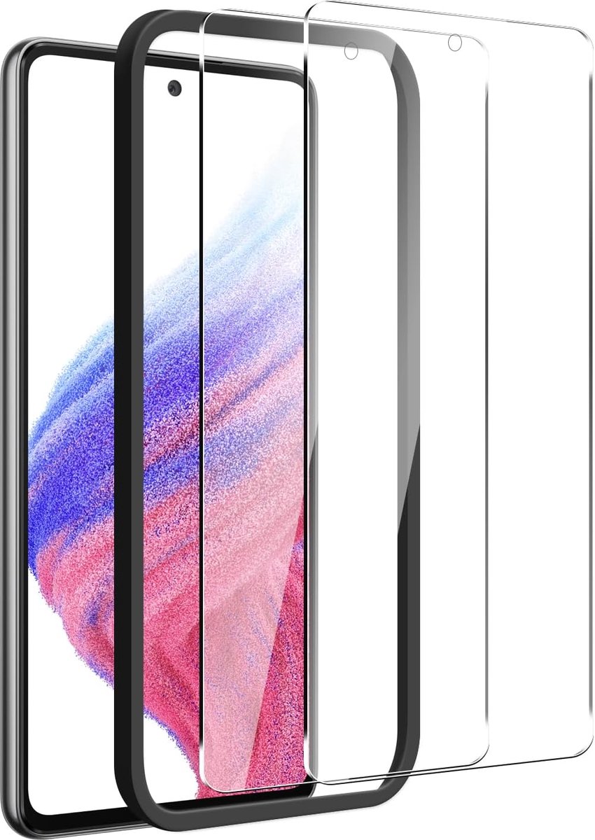 2 + 1: screenprotector van gehard glas voor Samsung Galaxy A53 5G met eenvoudig installatiegereedschap, 9H, HD, krasbestendig, luchtbelvrij, zeer robuust, eenvoudige installatie.