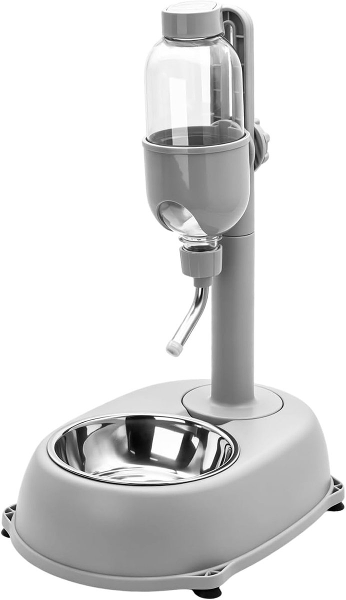waterdispenser voor huisdieren, in hoogte verstelbare en afneembare 2-in-1 bak en drinkbak, kantelveilig en automatisch, 500 ml, grijs, voor honden en katten