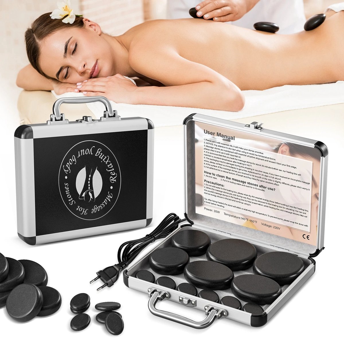 ArtiZo Hot stone massage set - warme stenen - 20 basaltstenen - 2 verwarmingsmogelijkheden -