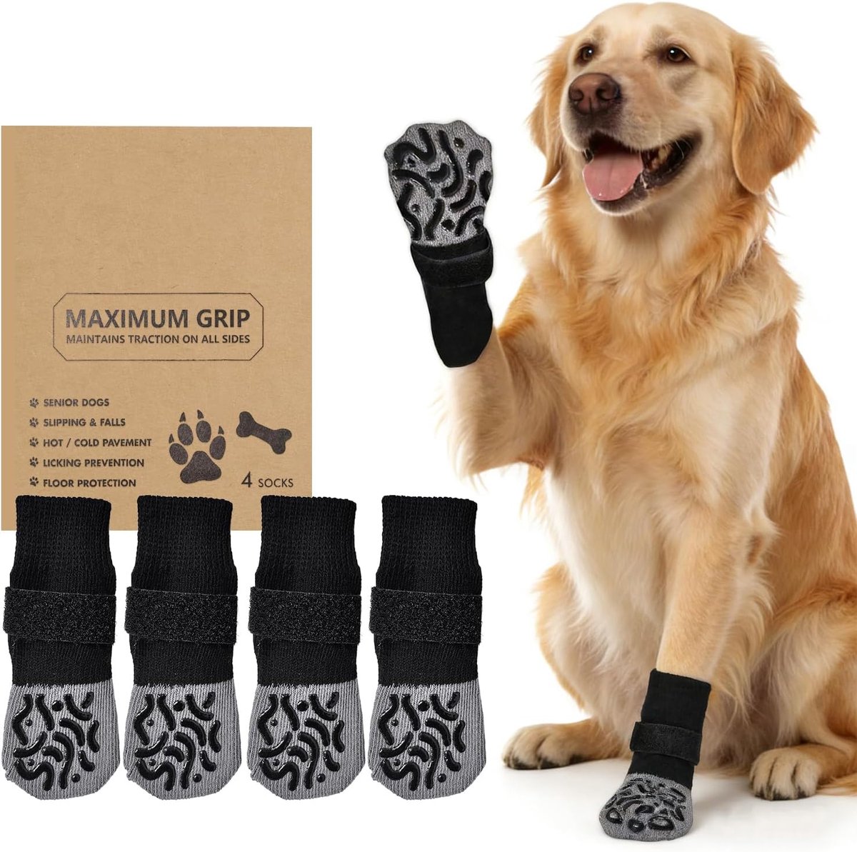 hondensokken 2 paar met handgrepen Stop het likken van pootjesbeschermers voor oudere honden Verstelbare pantoffels Binnenvloeren van hardhout Tractie (zwart, XL)