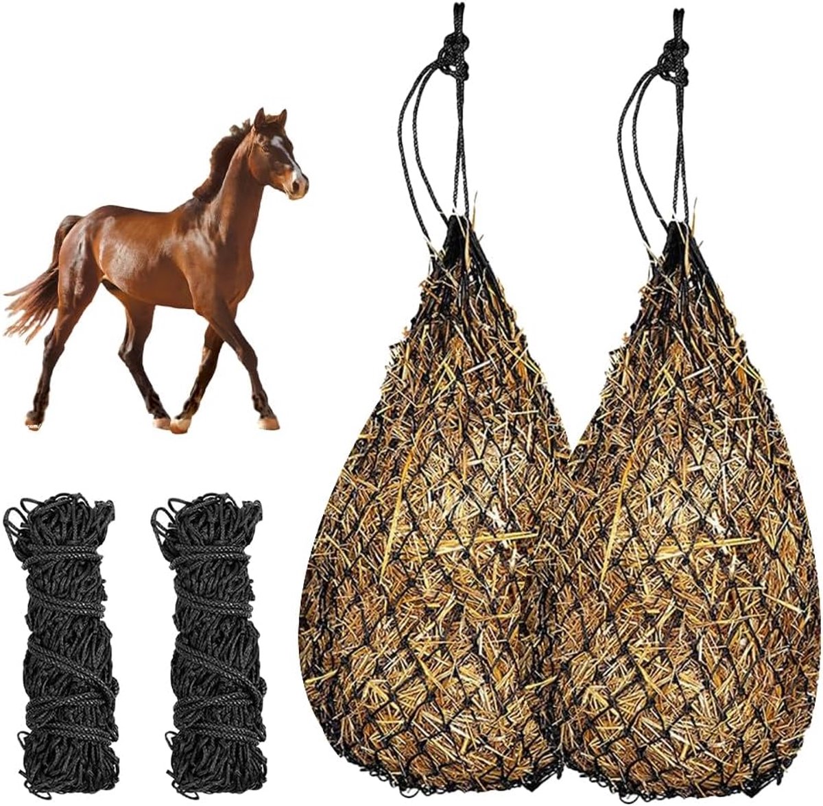Hooiennet voor paarden, fijnmazig, mazen 5 x 5 cm, hooizak voor paarden, robuust, inhoud 10 kg, hooiennet voor paarden, geiten, schapen, verbetert spijsvertering en welzijn, onderweg