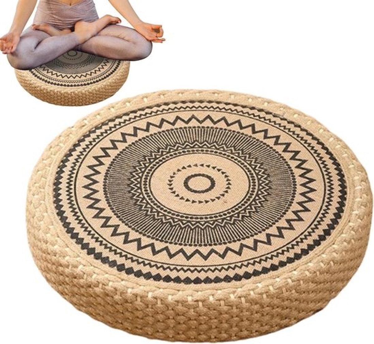 Meditatiekussen - geweven kussen | vloermat: meditatie tapijt, bohemien stof, futonkussen van natuurlijk stro, voor yoga, woonkamer, theestoel of zitplaatsen met open haard