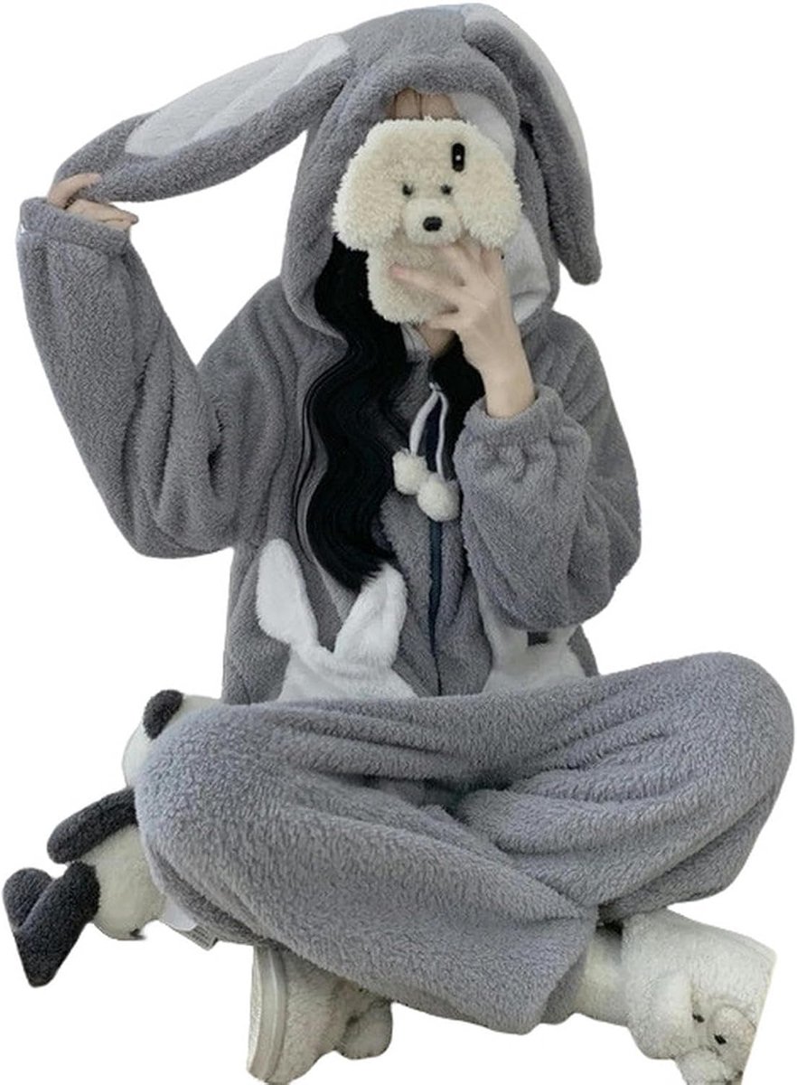 For Women Bunny Hooded Onesies Women Pajamas Cute Pijama Winter Warm Sleepwear Female Nightwear Pyjamas Jumpsuit